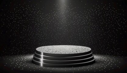 Black round podium on dark background with glitter particles. Generative AI. - obrazy, fototapety, plakaty