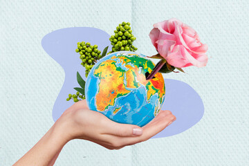 Collage photo eco friendly poster people stop pollution growing beautiful pink rose globe earth springtime isolated on blue background