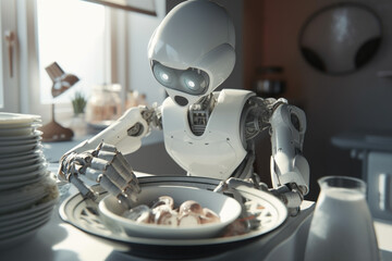 AI android robot washing cooking. Generative AI illustration