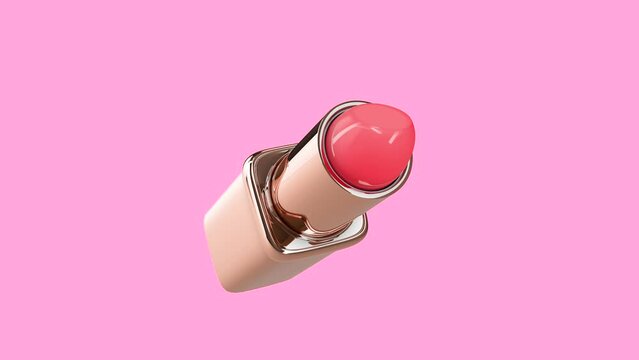 Lipstick, drop-down packaging. 3d animation isolated on pink