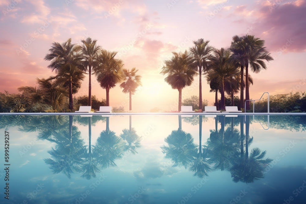 Poster a tropical setting consisting of a swimming pool and palm palms in the backdrop generative ai