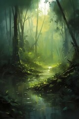 digital brush painting jungle landscape trees, plants and swamp created with Generative AI technology