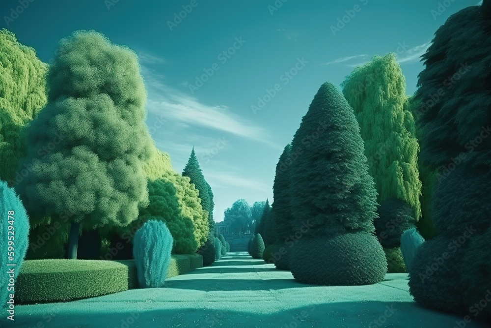 Poster a picture of a park with trees and plants to illustrate it generative ai