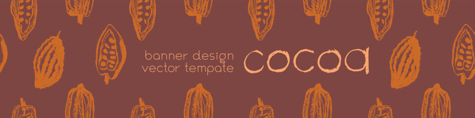 Confectionery banner with cocoa beans seamless pattern. Vector Cacao beans background for chocolate packaging or cocoa powder. Cocoa plant illustration for cosmetic label design. Organic cacao butter.