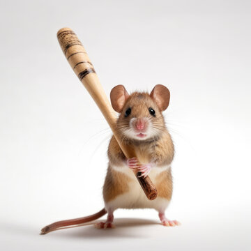 A cute mouse holding a threatening baseball bat on a white background
