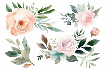 Obraz na płótnie Canvas Watercolor floral illustration bouquet set - green leaves, pink peach blush white flowers branches. Wedding invitations, greetings, wallpapers, fashion, prints. Eucalyptus, olive, peony, rose