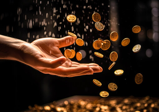 Golden bitcoins falling into hand. Crypto currency and mining concept. Generative Ai image