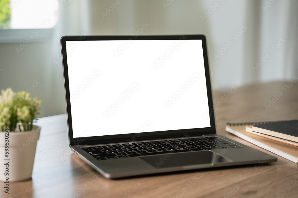 Poster laptop with blank screen on table. workspace background new project on laptop computer with blank co
