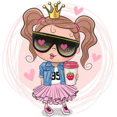 Cartoon Little Princess in a denim jacket and sun glasses