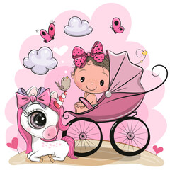 Baby Girl with baby carriage and Unicorn