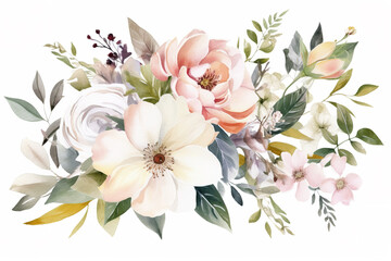 Fototapeta premium Flowers and leaves, watercolor illustration, can be used as greeting card, invitation card for wedding, birthday and other holiday, white background