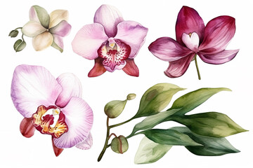 Fototapeta na wymiar orchid and leaves watercolor flower illustration, can be used as greeting card, invitation card for wedding, birthday and other holiday, white background