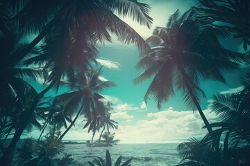 Obraz na płótnie Canvas Palm trees on a sand beach, ocean waves, surfing, summer colors, natural beauty, dreamy sky background, Generative AI