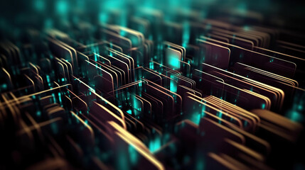 Modern digital abstract 3D background. Can be used in the description of network abilities, technological processes, digital storages, science, education, etc. Copy space. Based on Generative AI