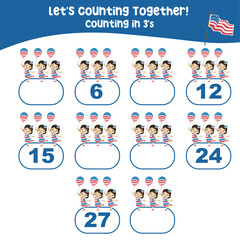 Counting in 3's with the American Independence Day Edition. A cute in 4th July costume and holding a balloon. Math activity, write the missing numbers, math multiples in 3s 