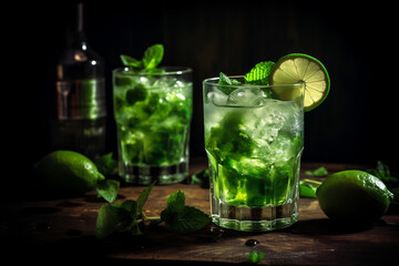 Refreshing Mojito Cocktail, limes, lemons on wooden table | Ai generative