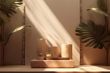 Display background for showcasing organic cosmetics, skincare, and beauty treatment products. Natural log wood podium table, tropical palm tree and leaf shadows on beige wall create a natural ambience