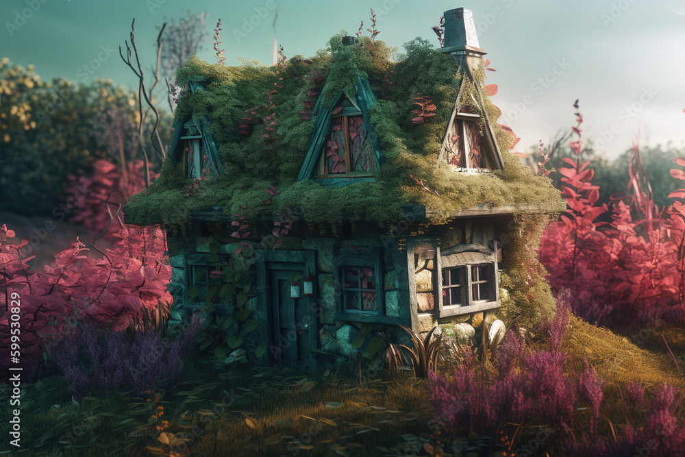 Poster an example of a home with a roof covered with moss generative ai