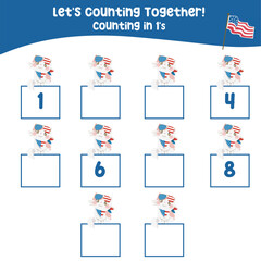 Counting in 1's with the American Independence Day Edition. Cute and kawaii kitten. Math activity, write the missing numbers, math multiples in one’s in 4th July theme. 