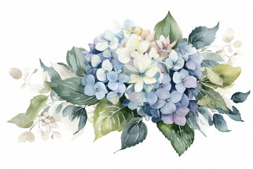 hydrangea and leaves watercolor illustration, can be used as greeting card, invitation card for wedding, birthday and other holiday, white background