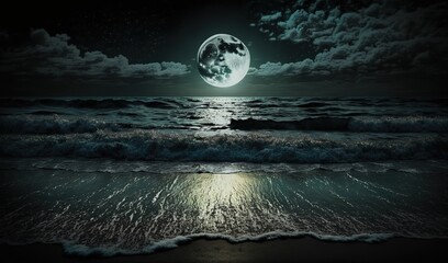 Full moon reflecting water over dark black sky at night