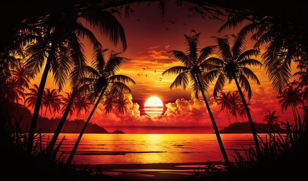 Evening on the beach with palm trees. colorful picture for rest. Blue palm trees at sunset.