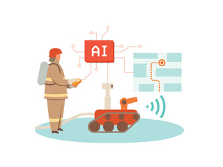 A vector illustration of firefighters safely extinguishing a fire using AI and robots