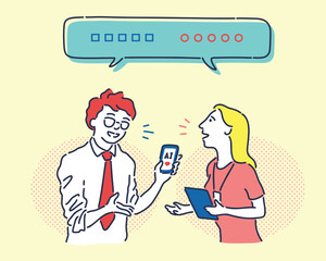 Vector illustration of business man and woman conversing using smartphone AI translator