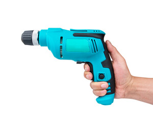 Hand holds cordless electric screwdriver with bit for screws isolated on white background.