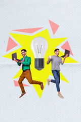 Vertical banner creative collage of two young intellectuals business partners hold laptop lightbulb...