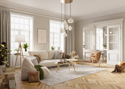 Bright living room interior design with windows and beige walls is furnished with modern sofa, armchares, floor lamp, coffee table and other decorative elements, 3d rendering 
