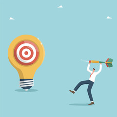 A successful idea and achieving high results in business or career, accuracy in setting goals, searching for opportunities, innovation on the way to success, man throws a dart at target on light bulb.