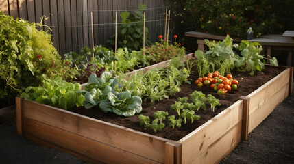 A raised garden bed filled with an assortment of vegetables, including tomatoes, lettuce, and peppers, in a sunny backyard.
