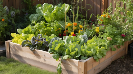 A raised garden bed filled with an assortment of vegetables, including tomatoes, lettuce, and peppers, in a sunny backyard.
