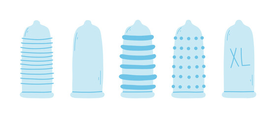 Set of condoms in flat style. Vector illustration. Collection of different types of condoms. Hand drawn style. Type of contraception.
