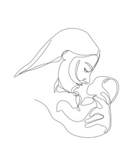 Mother and baby line art. Simple line drawing. Woman and her child. One line illustration. Single line draw