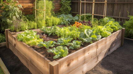 A raised garden bed filled with an assortment of vegetables, including tomatoes, lettuce, and peppers, in a sunny backyard