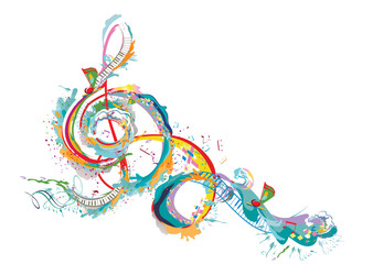 Abstract musical design with a treble clef and colorful splashes, notes and waves.  Colorful treble clef. Hand drawn vector illustration. - 599532449