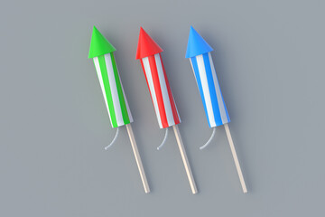 Firework rockets. Party and festival concept. Top view. 3d render