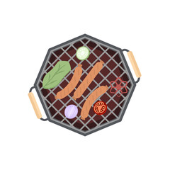 Delicious Grilled Sausages on an Iron Pan Grill Stove
