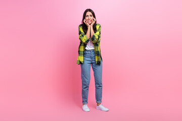Full length photo of scared terrified lady wear checkered jacket biting fingers isolated pink color background