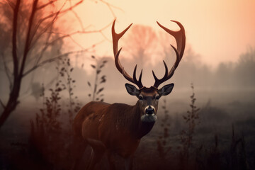 Sunset Stag: Majestic Deer with Large Antlers and Dark Headstock in Field. Generative AI