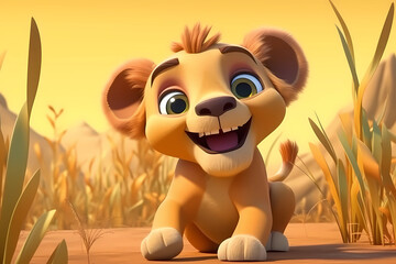 cute lion cub baby illustration, 3d render style, children cartoon animation style. generative ai - obrazy, fototapety, plakaty