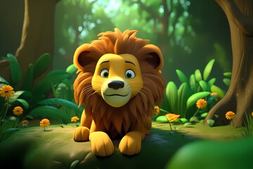 Obraz na płótnie Canvas cute lion cub baby illustration, 3d render style, children cartoon animation style. generative ai