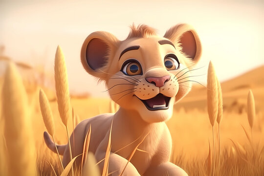 cute lion cub baby illustration, 3d render style, children cartoon animation style. generative ai