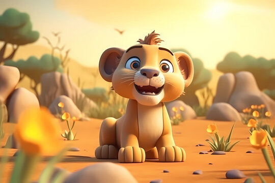 cute lion cub baby illustration, 3d render style, children cartoon animation style. generative ai