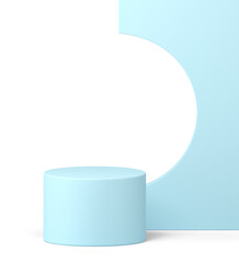 Realistic cylinder podium light blue display with modern curved wall background