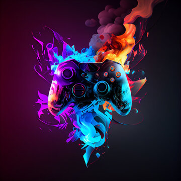 Colorful Gaming joystick abstract background with fire and neon lights