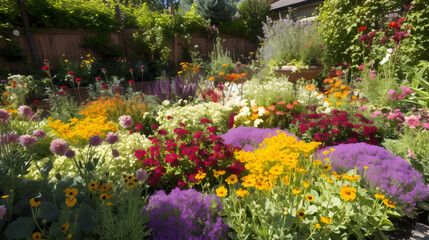 A vibrant flower garden with an array of colors, including purple, yellow, and red, in a sunny backyard