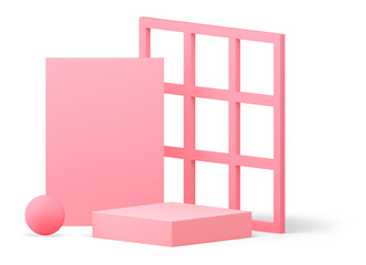 Realistic 3d podium minimalist aesthetic pedestal pink grid wall geometric shape